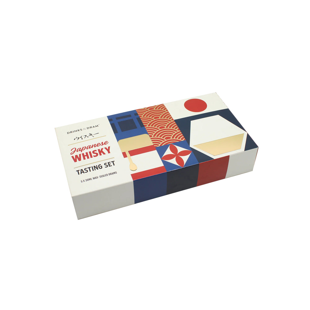 
                  
                    Rectangular Japanese Whisky Tasting Set box with red, blue, and beige geometric patterns on a white background—ideal for an authentic whisky tasting experience.
                  
                