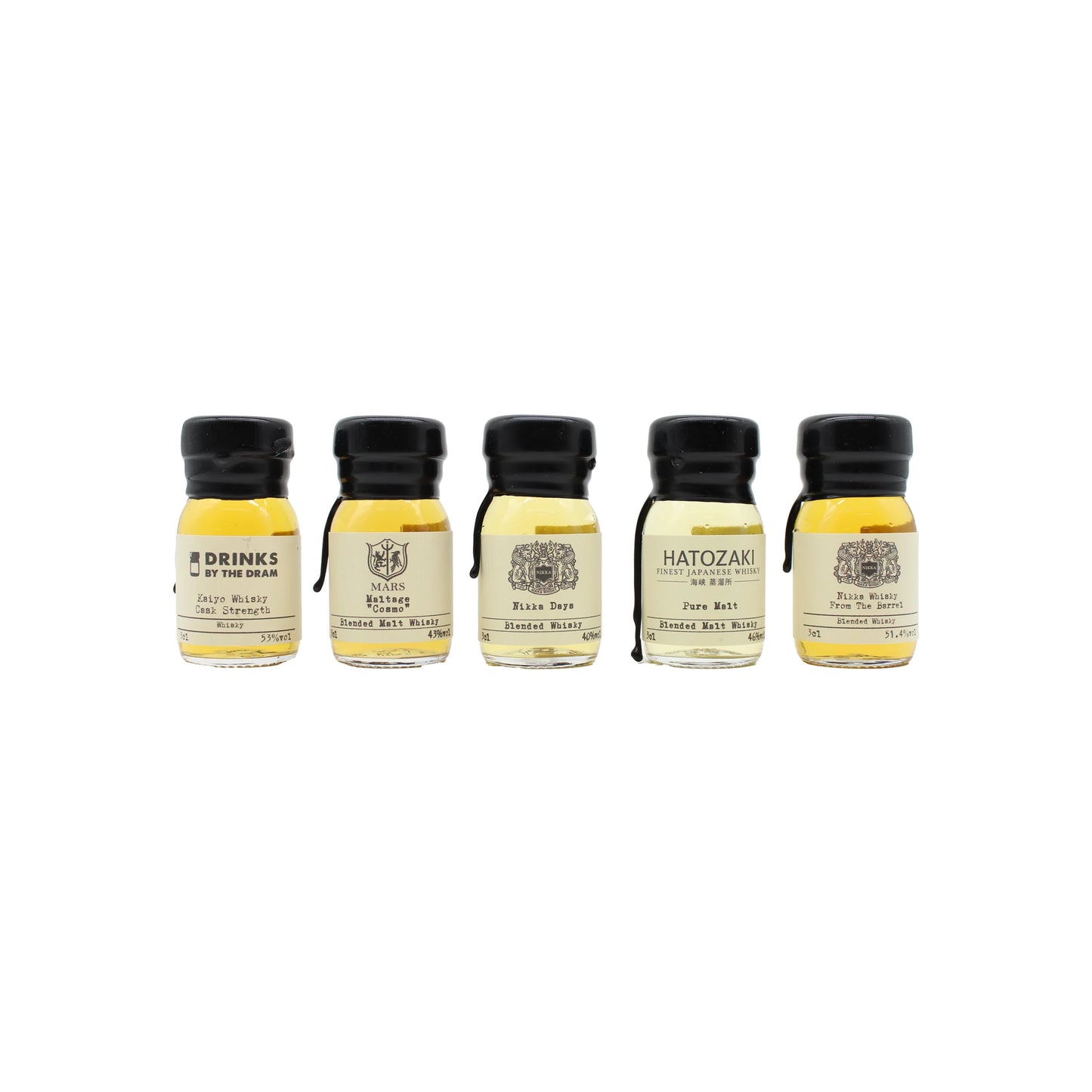 
                  
                    The Japanese Whisky Tasting Set features five small bottles, each with a unique label, arranged in a row against a white background—perfect for exploring diverse whisky styles.
                  
                