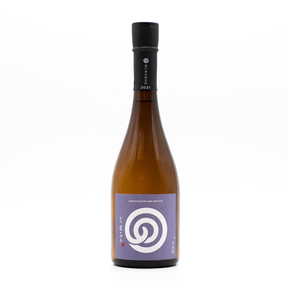 A brown glass bottle with a black cap and a purple label featuring a white spiral design stands upright against a plain white background, showcasing the Junmai Muroka Nama Genshu 2021 - 720ml.