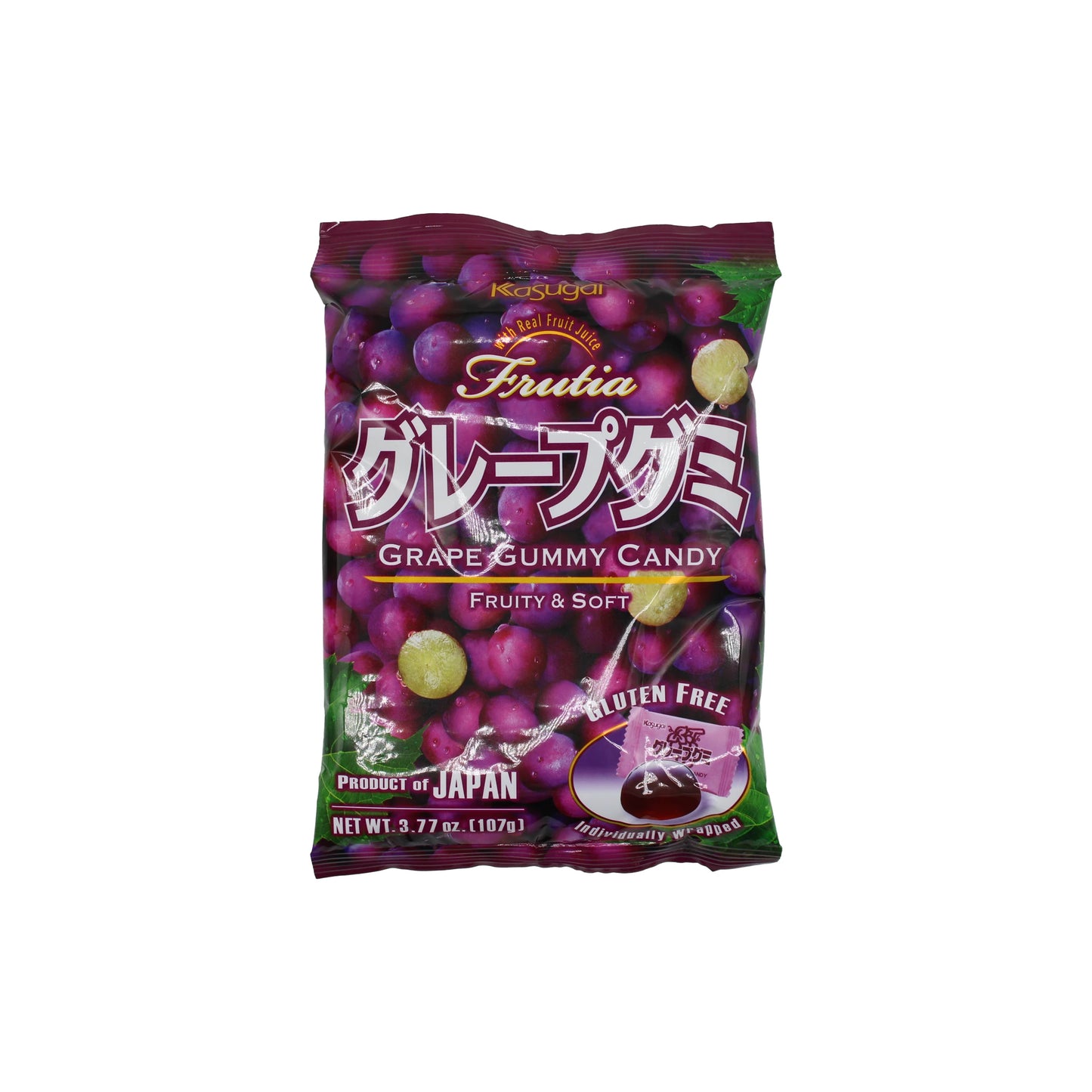 A bag of Kasugai - Grape Gummy Japanese Candy, a gluten-free treat from Japan with grape-themed packaging, net weight 3.77 oz (107 g).