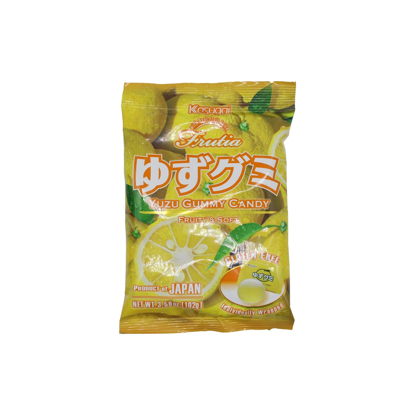 A bag of Kasugai - Yuzu Gummy Japanese Candy, featuring Japanese citrus fruit on the packaging. The bag notes it's gluten-free and made in Japan.