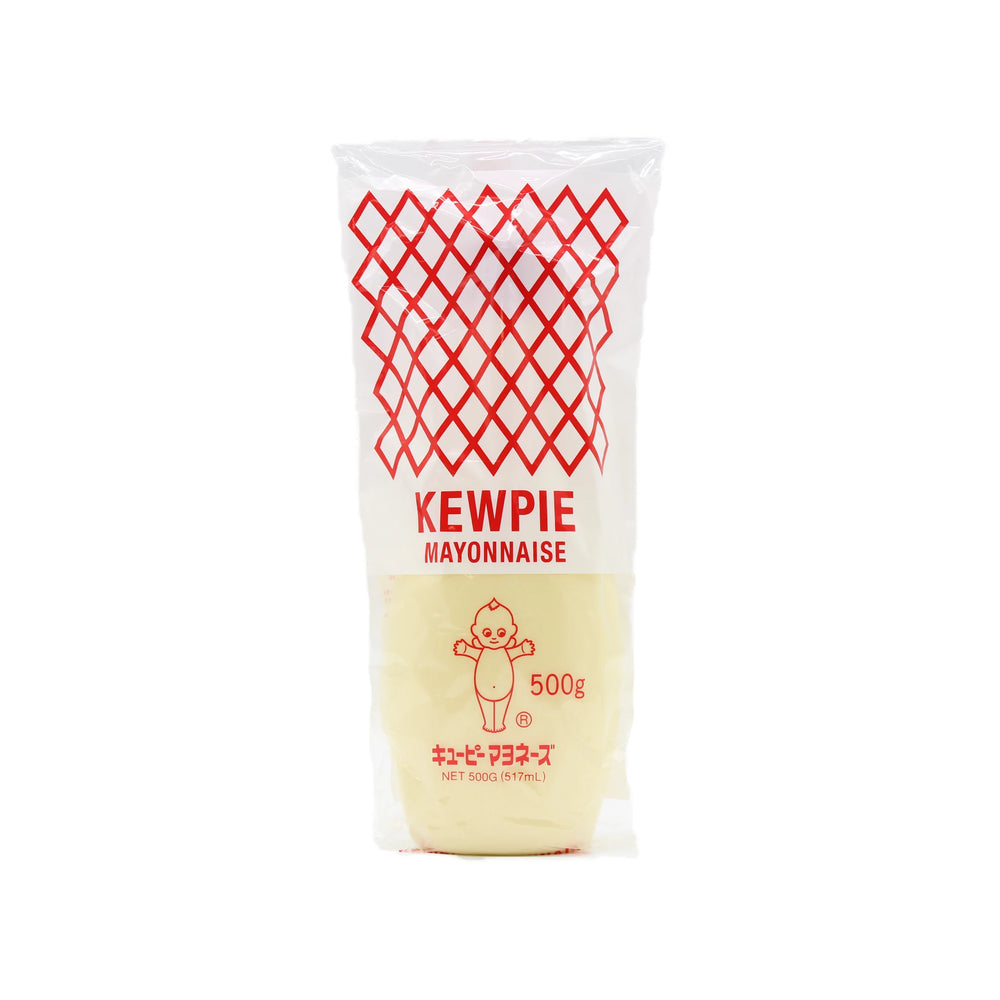 Kewpie Mayonnaise - 500g comes in a plastic squeeze bottle with the iconic cartoon logo and red diamond pattern, offering rich umami flavour from its egg yolk recipe.
