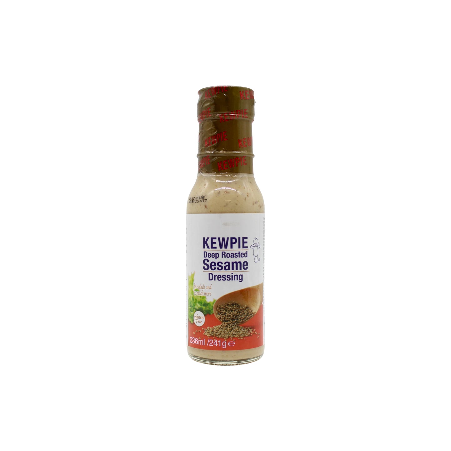 A 241g bottle of Kewpie Deep Roasted Sesame Dressing, featuring a rich beige sesame dressing and a red and white label—ideal for adding savory flavor to salads or as a marinade.