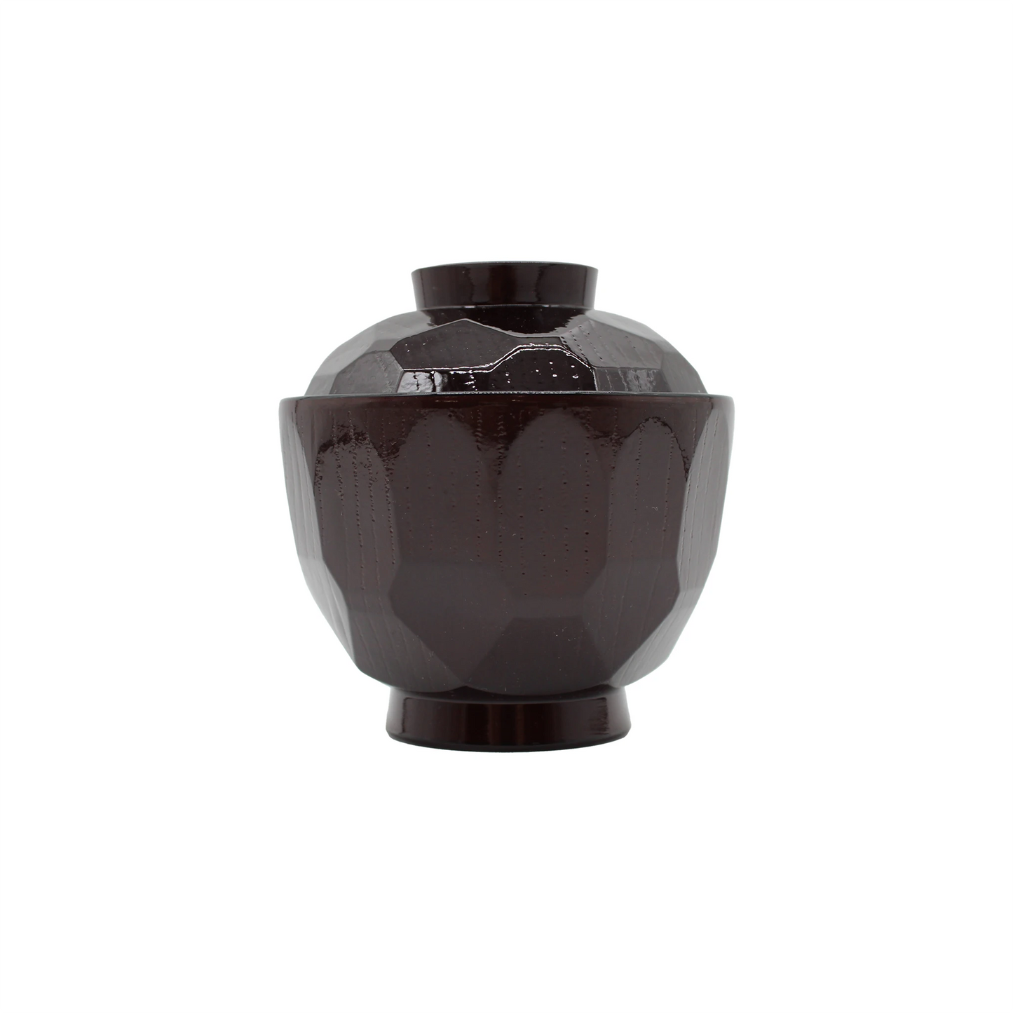 The Kikkou Kibori Traditional Miso Soup Bowl, a dark brown faceted lacquered bowl with matching lid, crafted in Ishikawa, Japan, is shown centered on a white background.