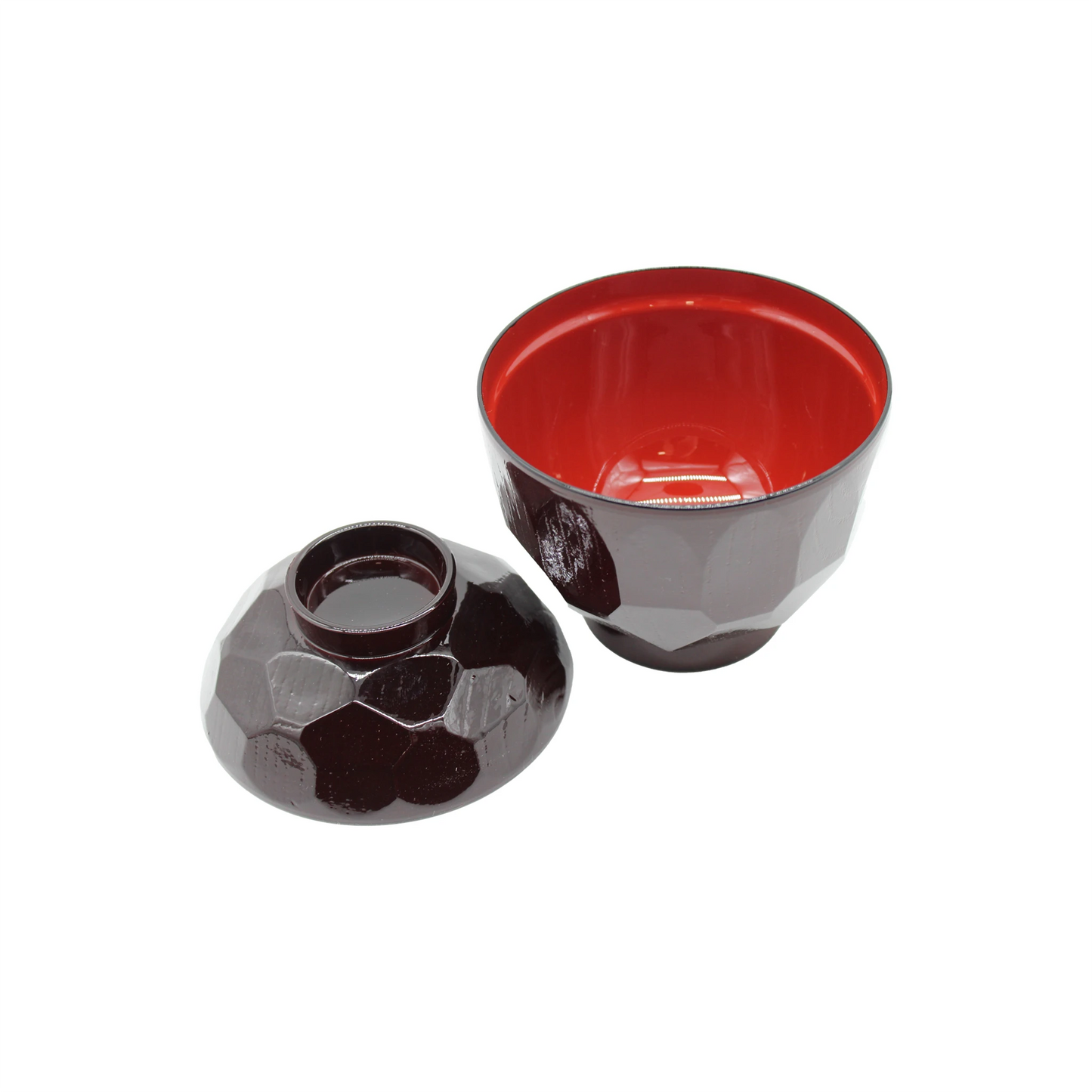 The Kikkou Kibori Traditional Miso Soup Bowl is a two-piece lacquered set with a faceted dark brown exterior and red interior, shown with the lid beside the bowl. Crafted in Ishikawa, Japan.
