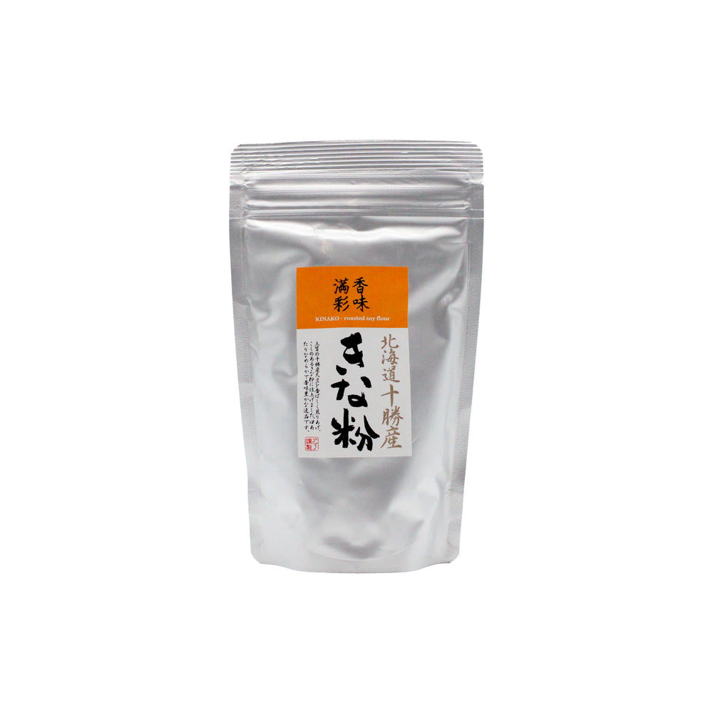 A silver, resealable bag with a white and orange label featuring Japanese text contains Kinako Roasted Soy Flour - 170g, made from Hokkaido peeled soy beans, shown against a plain white background.