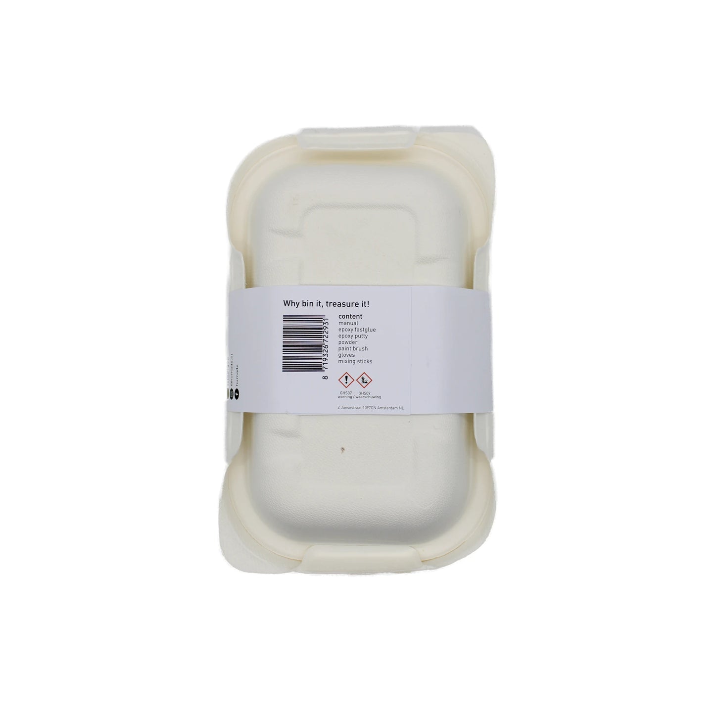 
                  
                    A closed, rectangular, white compostable food container with a white paper label for Kintsugi Kits - Gold, Silver & Bronze, inspired by Kintsugi’s artful repairs, shown against a plain white background.
                  
                