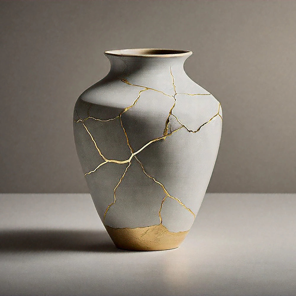 A gray ceramic vase, repaired with Kintsugi Kits - Gold, Silver & Bronze, features striking gold lines highlighting its cracks. Displayed on a plain surface, it stands out against a neutral background.