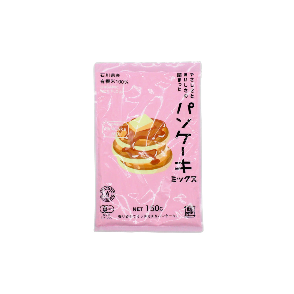 A pink bag of Komeko Japanese Pancake Mix 150g features gluten-free labeling, an illustration of Japanese pancakes with butter, Japanese text, and the net weight printed on the front.