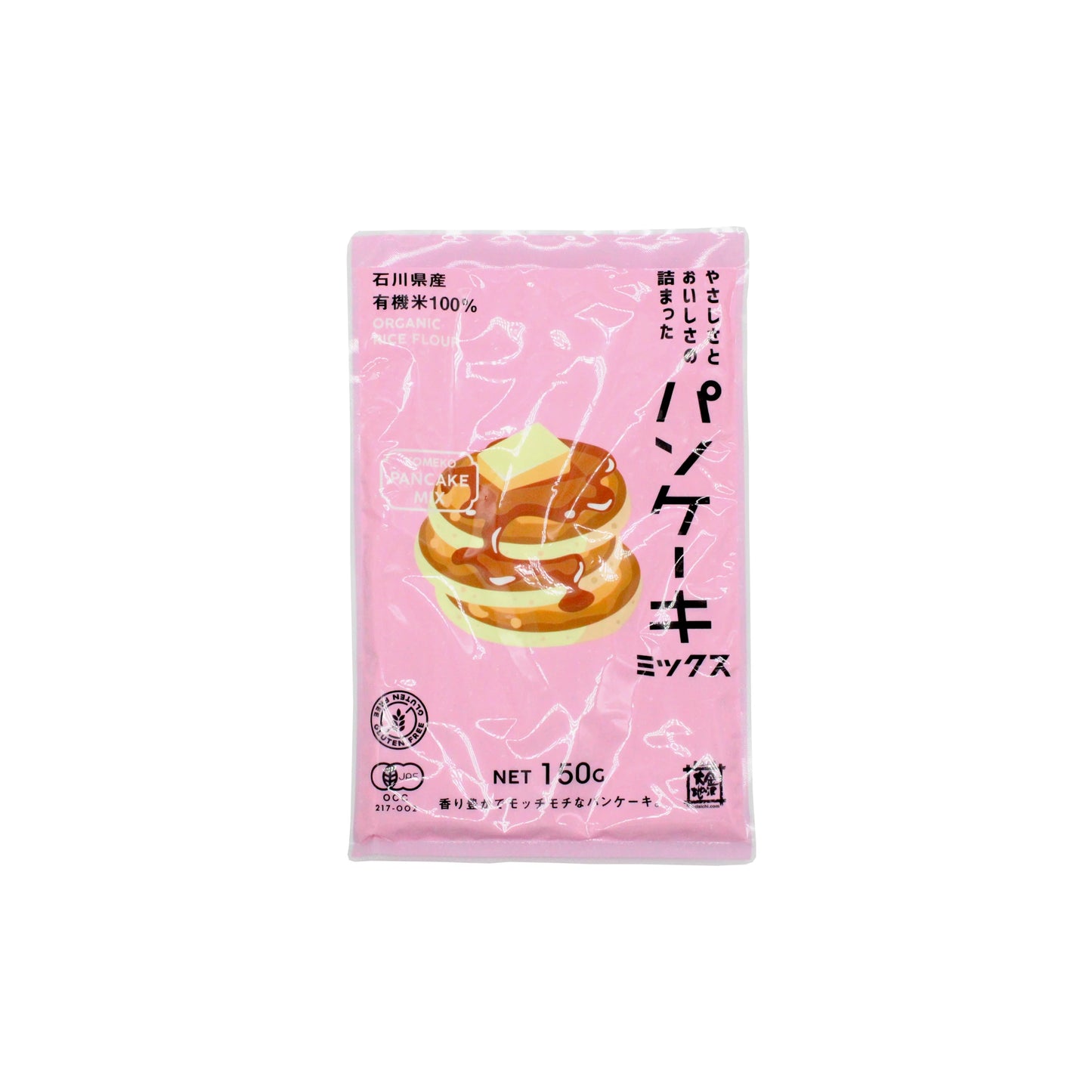 A pink bag of Komeko Japanese Pancake Mix 150g features gluten-free labeling, an illustration of Japanese pancakes with butter, Japanese text, and the net weight printed on the front.