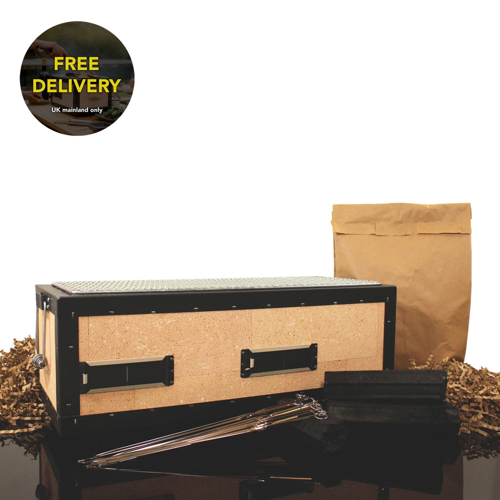 
                  
                    Konro Grill 54cm Barbecue Set: Includes rectangular kit with drawers, 3 metal hive tools, brush, brown paper bag & packing material—perfect for outdoor enthusiasts. Circular FREE DELIVERY UK mainland only sign in top left corner.
                  
                