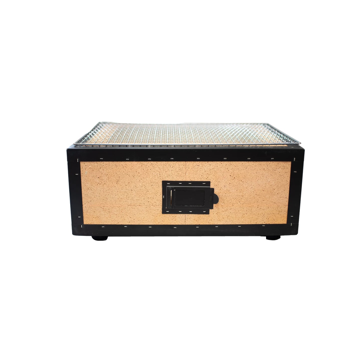 
                  
                    The Konro Grill, Table Barbecue - 47cm, is a rectangular wooden and metal storage box with a cork front panel, black frame, metal mesh top, and black front handle, shown against a white background.
                  
                