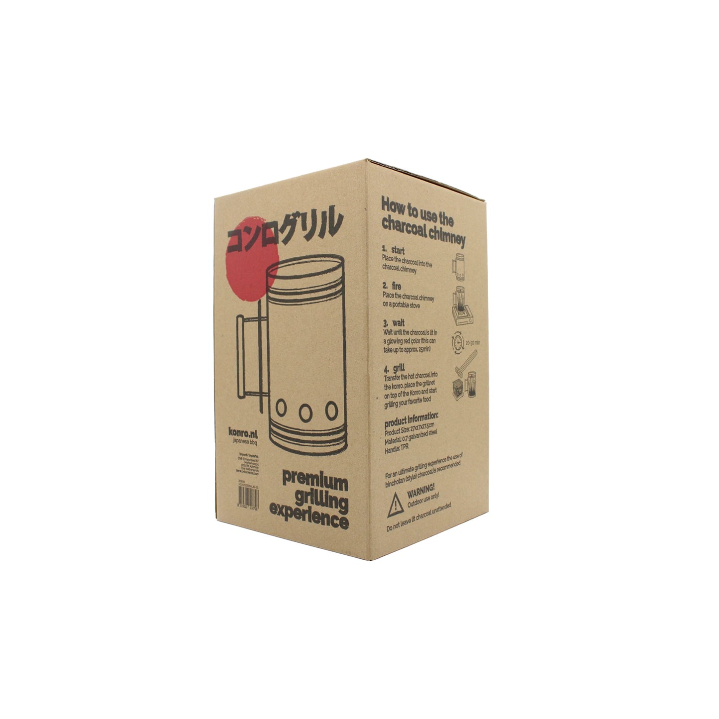 
                  
                    A cardboard box featuring product illustrations, Japanese and English text, grilling instructions, and a “premium grilling experience” label—perfect for showcasing the Konro Grill Charcoal Chimney Starter.
                  
                