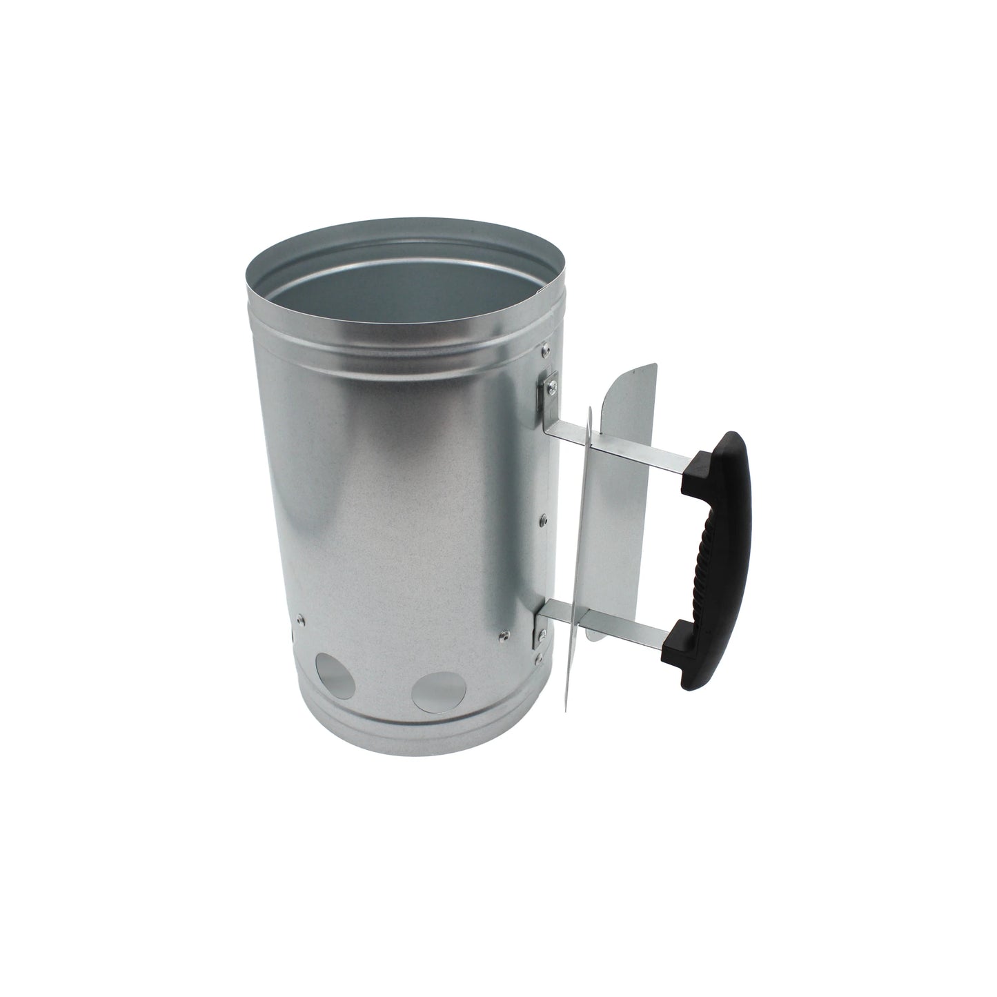 
                  
                    The Konro Grill Charcoal Chimney Starter, a metal grilling tool with a black heat-resistant handle, is displayed on a white background.
                  
                