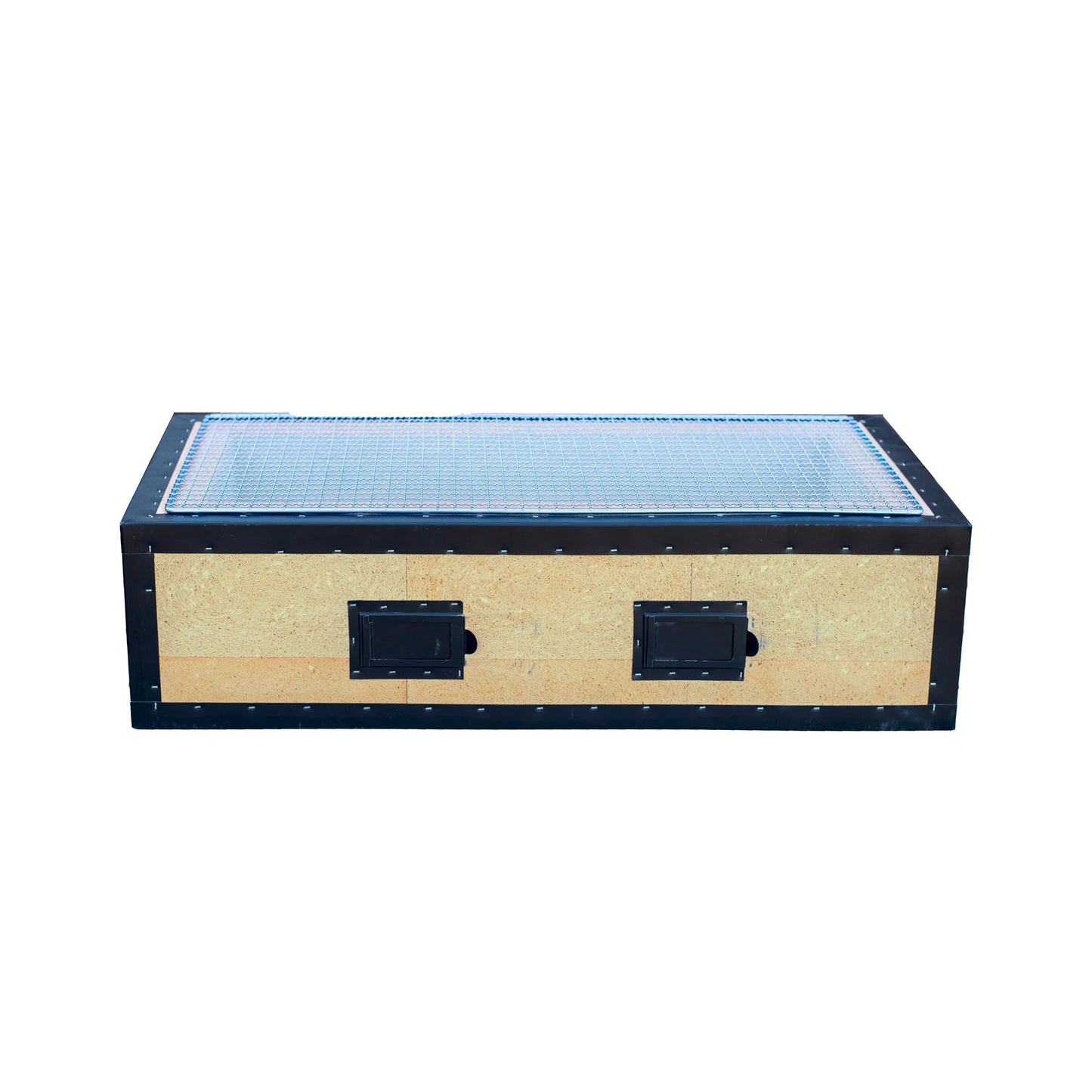 
                  
                    The Konro Grill, Table Barbecue - 69cm features a rectangular wooden box with metal edges, mesh top, and two black front latches—ideal for authentic Japanese charcoal grilling.
                  
                