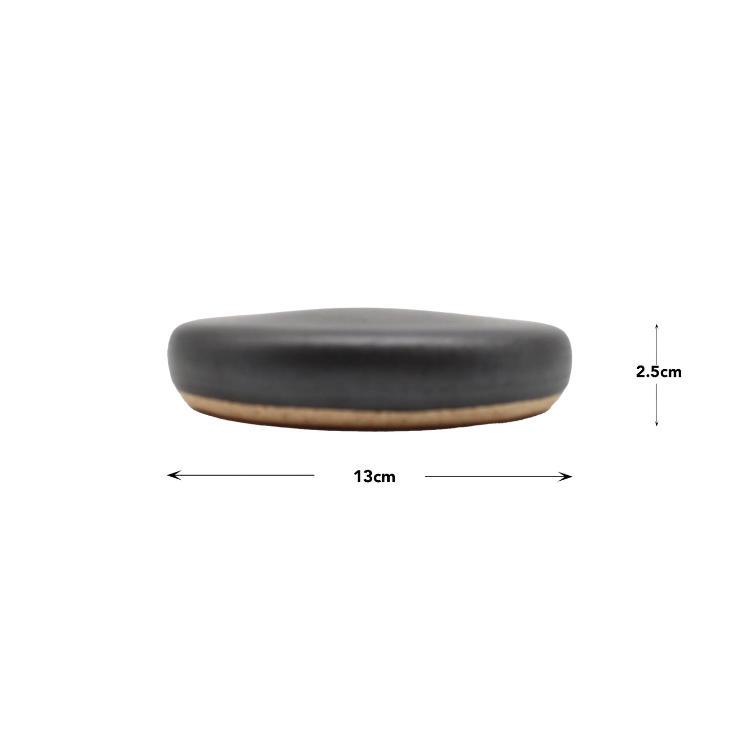 
                  
                    The Ishiyaki Grilling Stone, a round volcanic stone with a black top and tan bottom, measures 13 cm wide by 2.5 cm tall and is displayed on a white background with dimension arrows.
                  
                