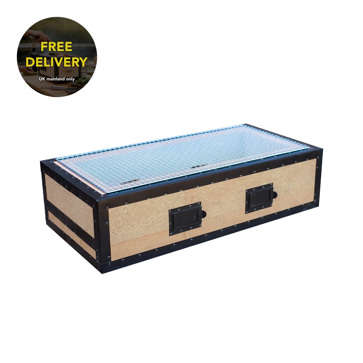 
                  
                    The Konro Grill, Table Barbecue - 69cm features a rectangular wooden and metal design with a mesh top, two handles, and a Free Delivery UK mainland only sticker—crafted from sturdy materials like those in Japanese charcoal grills.
                  
                