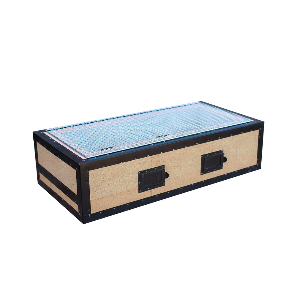A rectangular wooden and metal ventilation box with a mesh top, black frame, and front handles—designed for use with the Konro Grill, Table Barbecue - 69cm or other Japanese charcoal grill setups.