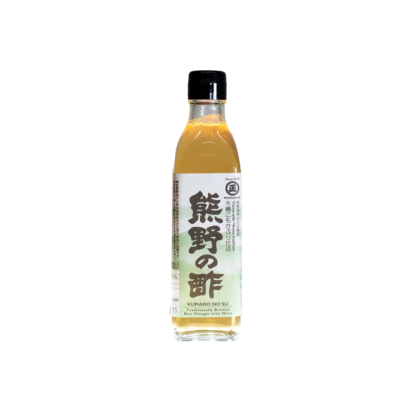 A clear glass bottle of Kumano No Su Rice Vinegar with Mirin, ideal for sushi seasoning, features a black cap and a white label with Japanese and English text, shown on a plain white background.