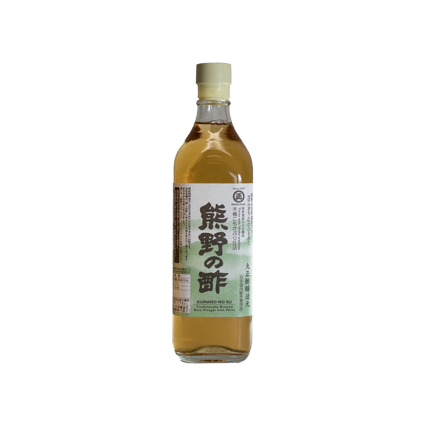 A clear glass bottle with a beige cap contains Kumano No Su, Rice Vinegar with Mirin. The light brown liquid has a label with Japanese text and green accents. The bottle stands upright against a white background.