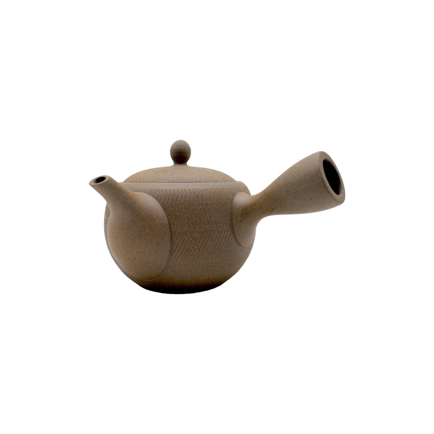 
                  
                    The Tokonameyaki Kyusu Tobikanna Teapot (400ml) with a spherical body, side handle, spout, and round lid is shown on a white background.
                  
                
