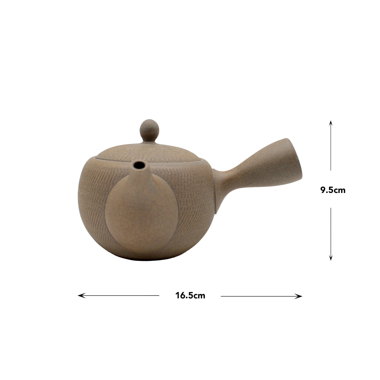 
                  
                    Side view of the Tokonameyaki Kyusu Tobikanna Teapot - 400ml, a round brown teapot with a side handle, measuring 16.5 cm wide and 9.5 cm tall.
                  
                