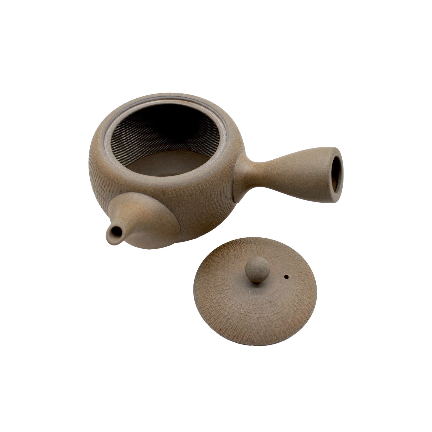 The Tokonameyaki Kyusu Tobikanna Teapot (400ml) with a side handle and matching lid is shown on a white background—an ideal choice for brewing loose leaf green tea.