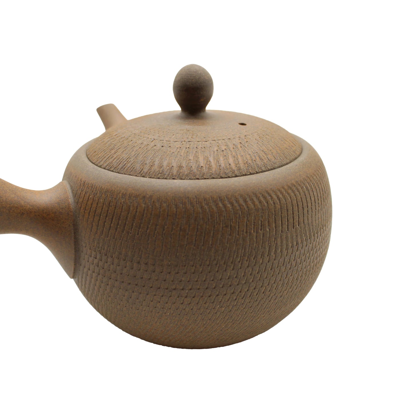 
                  
                    The Tokonameyaki Kyusu Tobikanna Teapot (400ml) is a brown textured ceramic teapot featuring a side handle and round lid knob, displayed against a white background.
                  
                
