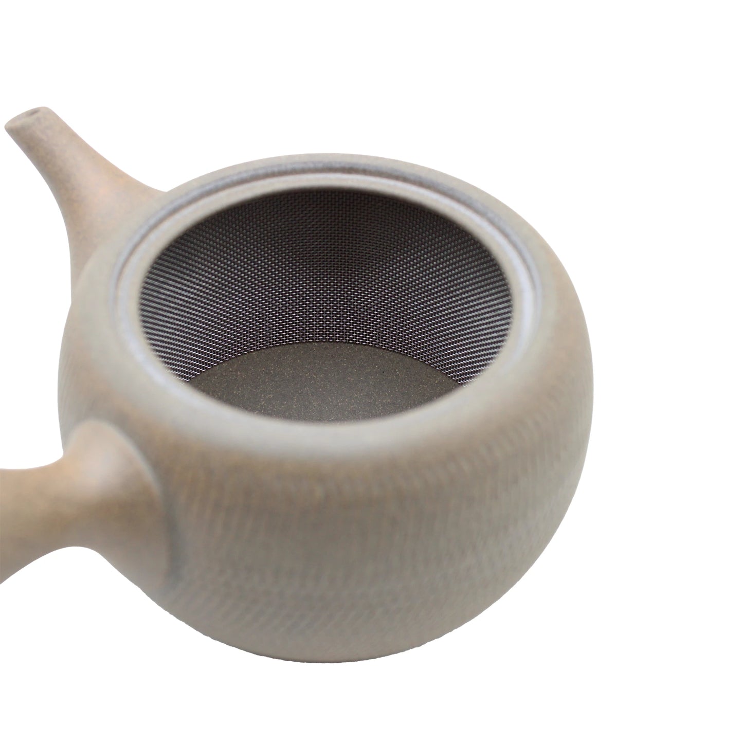 
                  
                    A top-down view of the Tokonameyaki Kyusu Tobikanna Teapot (400ml), showcasing its empty, round shape and built-in mesh strainer.
                  
                
