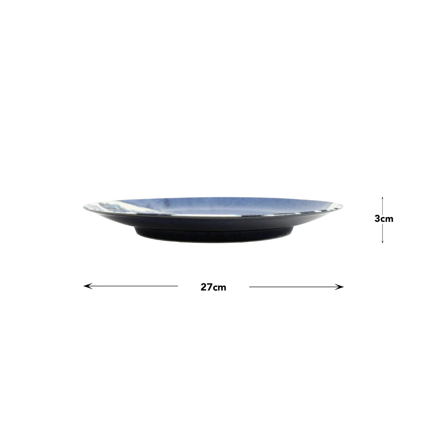 
                  
                    A side view of the Large Plate - Great Wave Design Blue, a shallow, round Minoyaki porcelain plate with a blue surface, 27 cm in diameter and 3 cm high, displayed on a white background.
                  
                