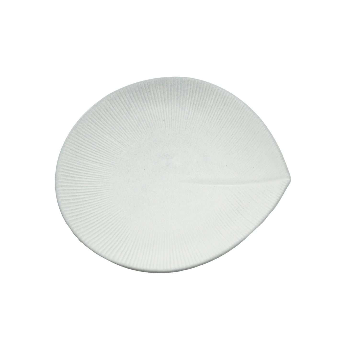 The Large Plate - Snow Leaf is a white, round Minoyaki porcelain plate featuring a subtle textured pattern and a gently pointed edge resembling a leaf, shown on a plain background.