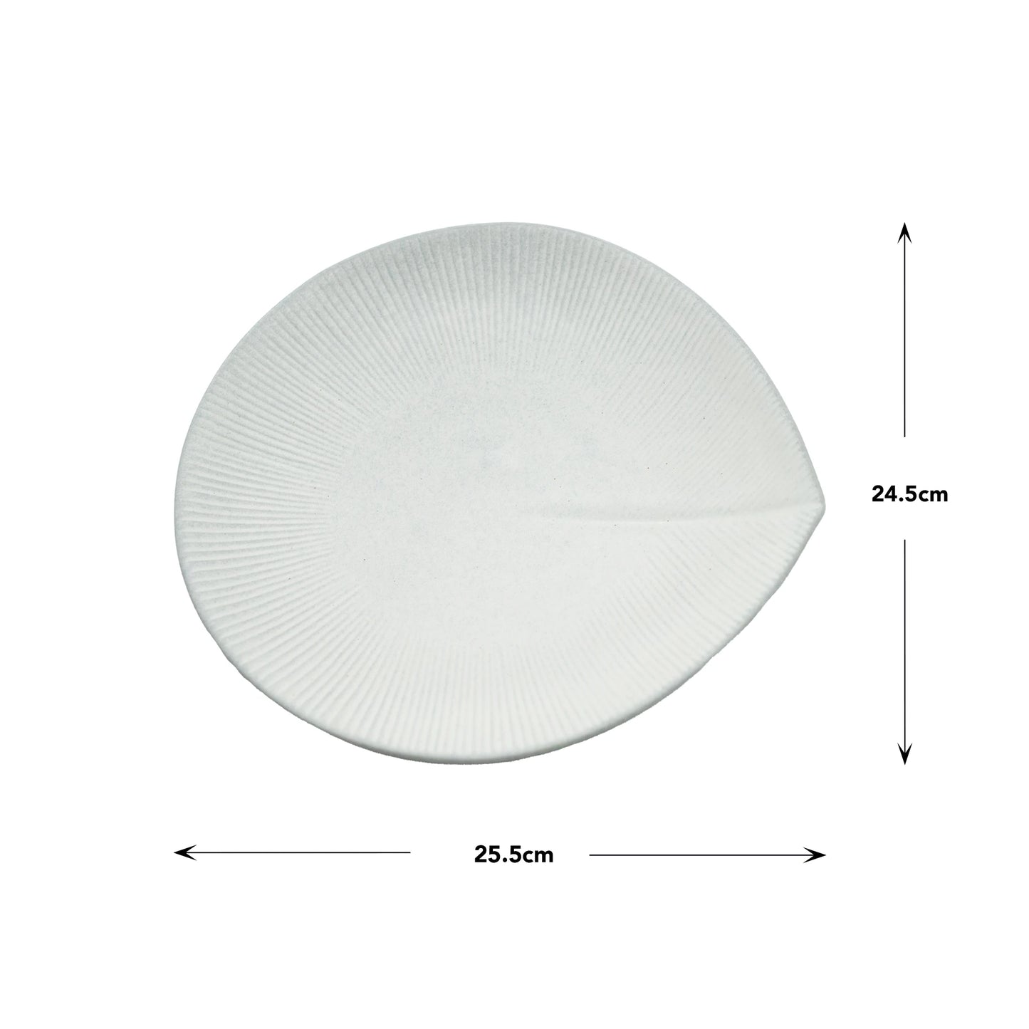 
                  
                    The Large Plate - Snow Leaf, made from Minoyaki porcelain with a subtle ribbed texture, measures 25.5cm wide by 24.5cm high; arrows indicate dimensions.
                  
                