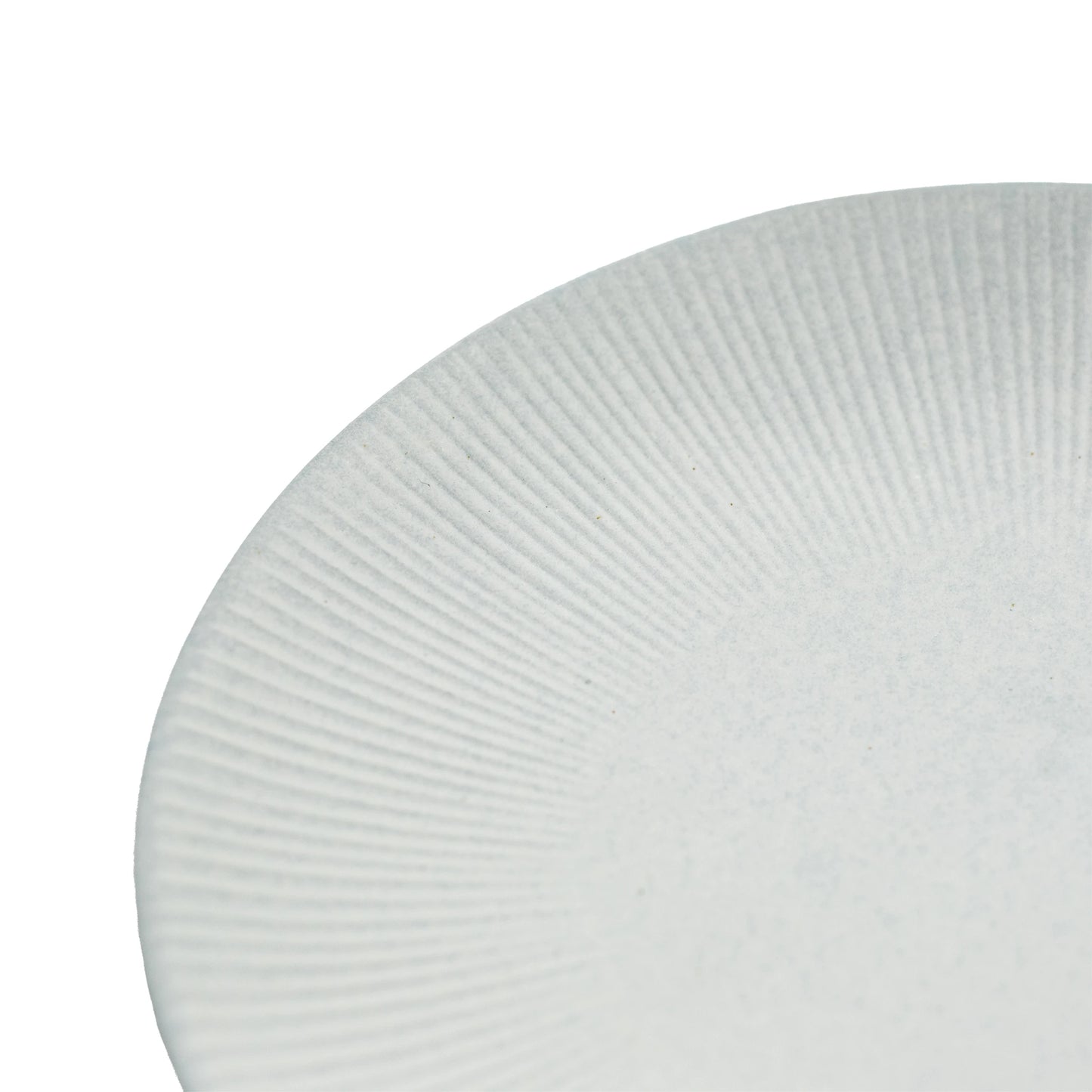 Close-up of the edge of a white, textured Large Plate - Snow Leaf, featuring a radial pattern reminiscent of Minoyaki porcelain plates crafted at the Dai kiln.