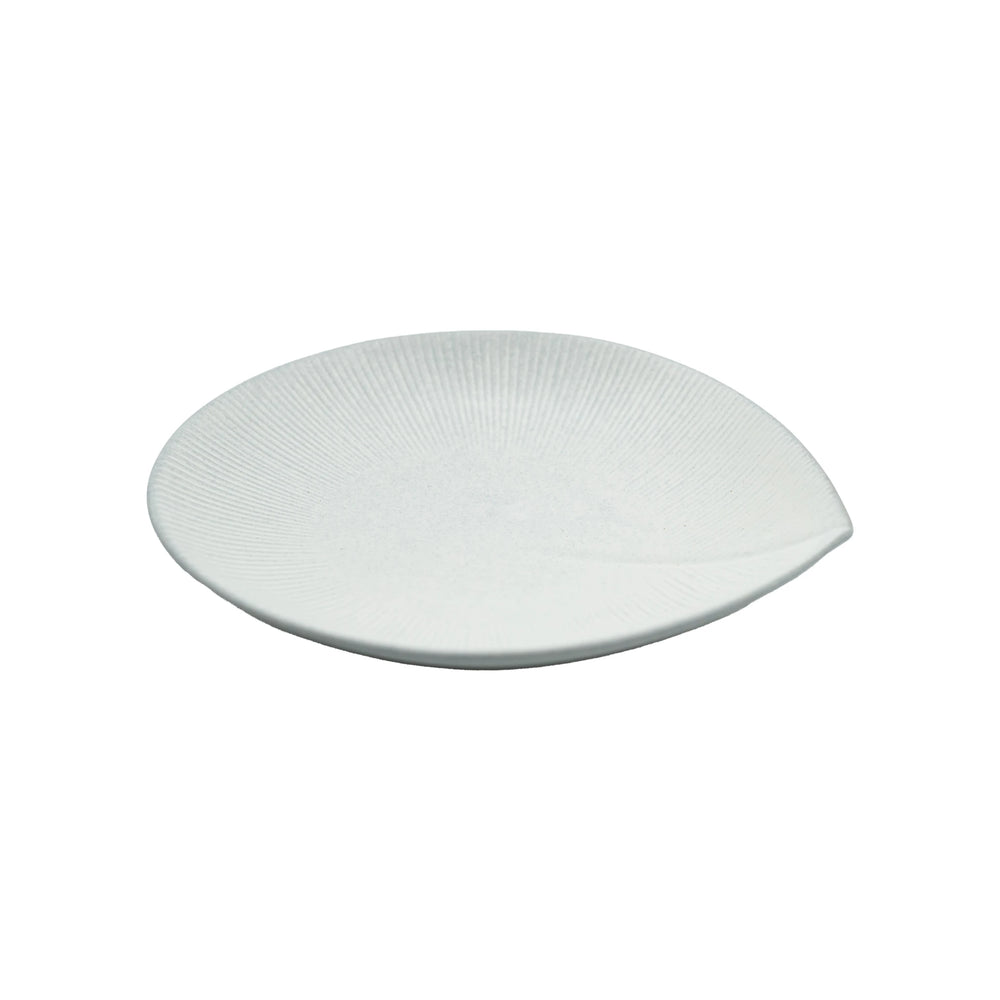 
                  
                    The Large Plate - Snow Leaf is a white, round Minoyaki porcelain plate featuring subtle textured lines and a slight lip on one side, displayed against a plain background.
                  
                