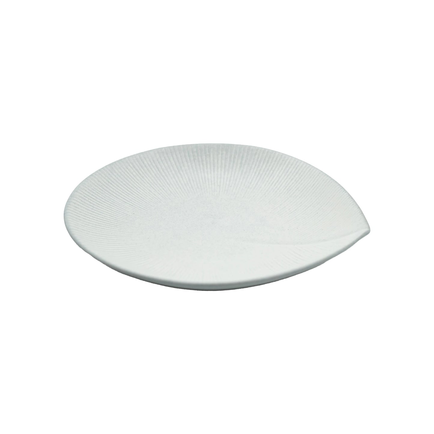
                  
                    The Large Plate - Snow Leaf is a white, round Minoyaki porcelain plate featuring subtle textured lines and a slight lip on one side, displayed against a plain background.
                  
                