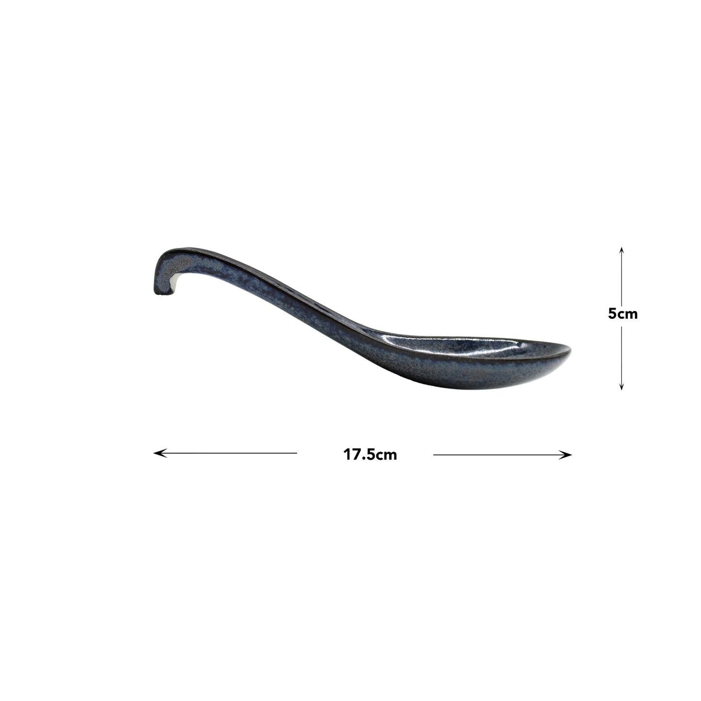 
                  
                    An Indigo Blue ramen spoon, crafted from Minoyaki porcelain with a curved handle, measures 17.5 cm long and 5 cm wide and is shown on a white background.
                  
                