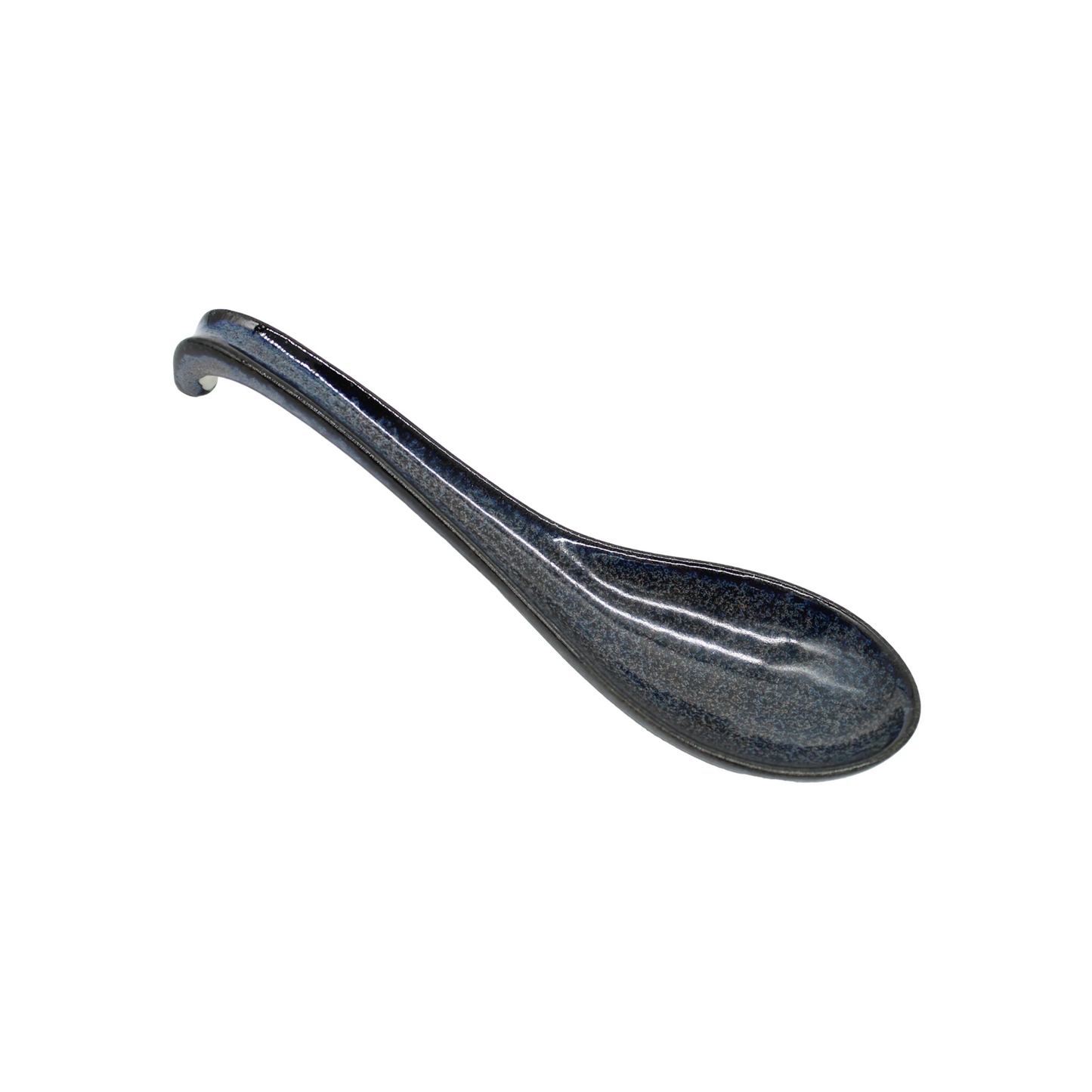 An indigo blue Minoyaki porcelain ramen spoon with a curved handle, inspired by traditional Chirirenge design, displayed on a white background.