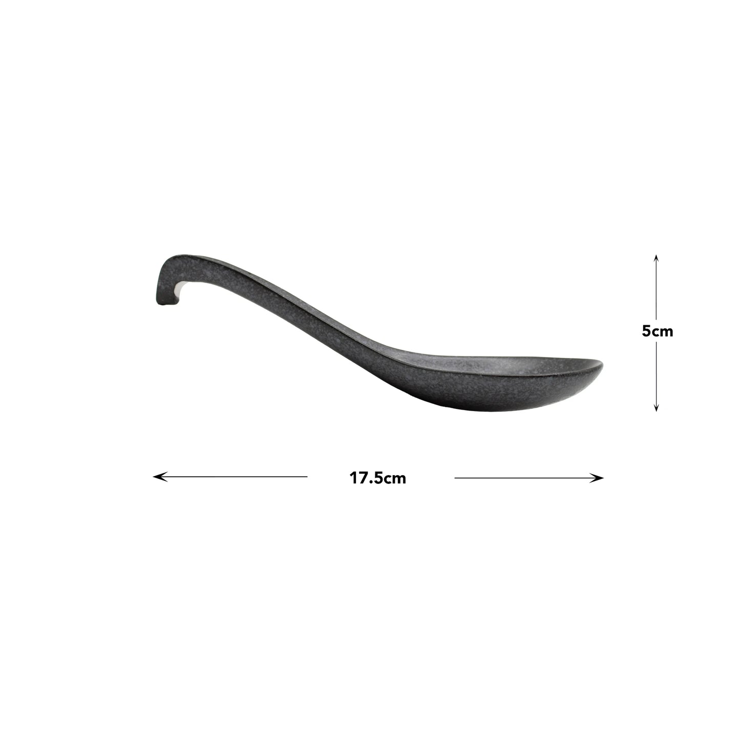 
                  
                    The Spoon - Matt Black, made from Minoyaki porcelain, is shown in profile with a curved handle and labeled arrows marking its 17.5 cm x 5 cm dimensions.
                  
                