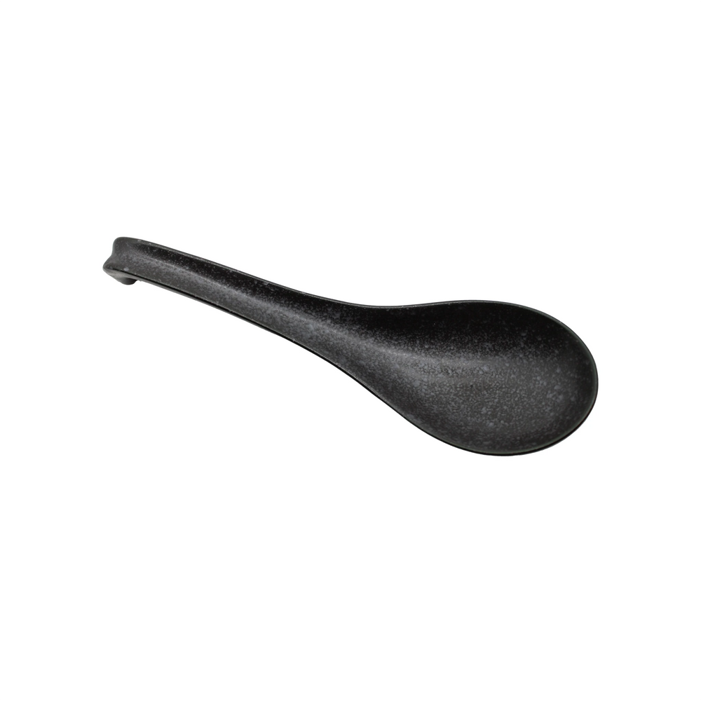The Spoon - Matt Black is a matt black soup spoon with a rounded bowl and short handle, crafted in Minoyaki porcelain and shown on a white background.