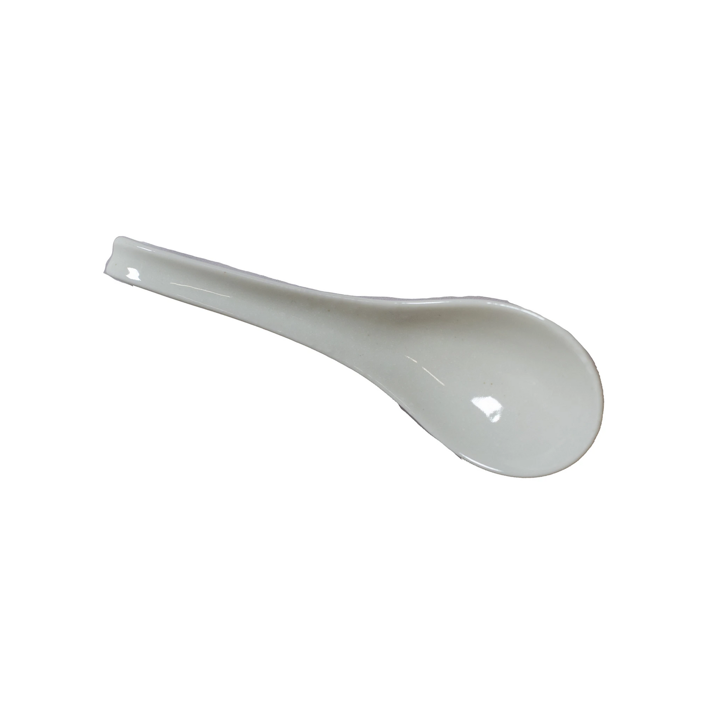 The Spoon - White Gloss is a white Minoyaki porcelain spoon with a rounded bowl and short handle, inspired by traditional Chirirenge ramen spoons, shown isolated on a plain white background.