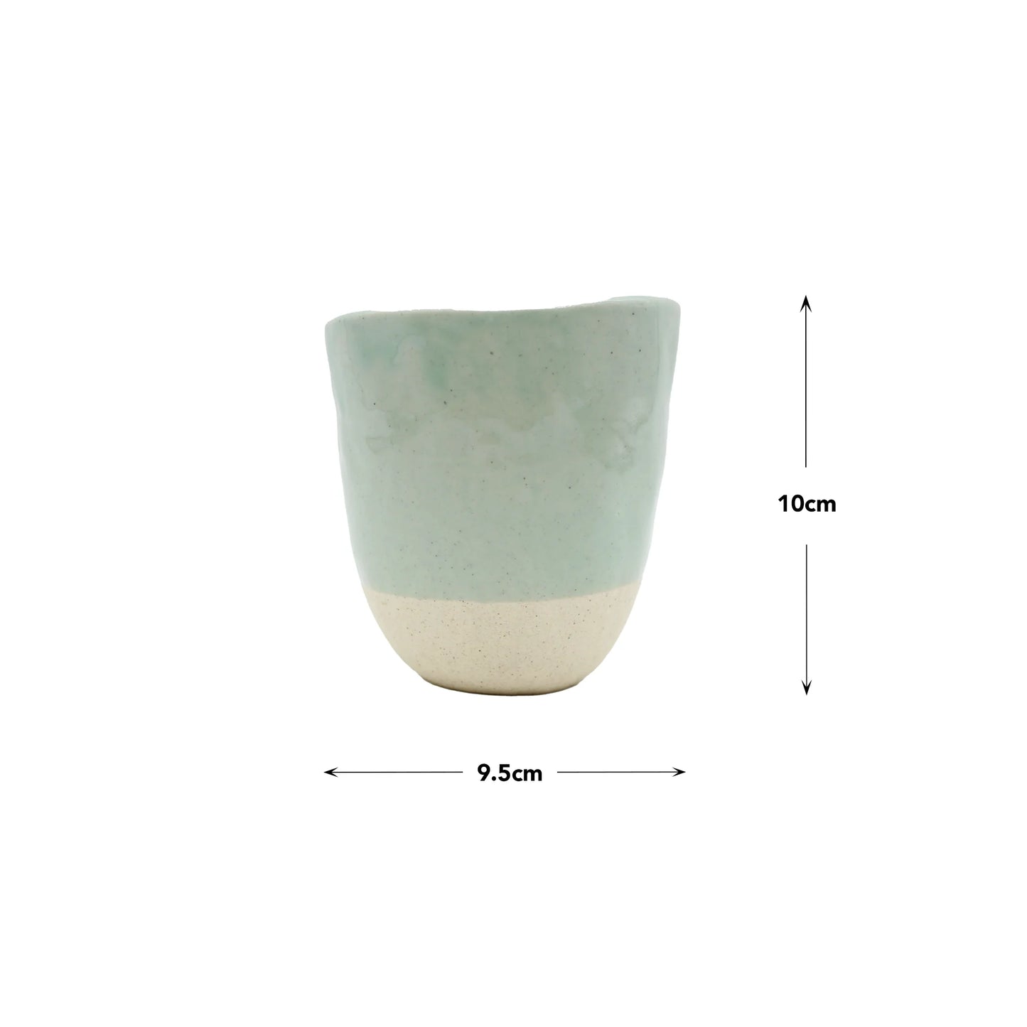 The Lopsided Mug - Tomei Blue is a two-tone ceramic cup with a matte duck egg blue top and off-white earthenware base, measuring 10 cm high and 9.5 cm wide, displayed on a plain white background.