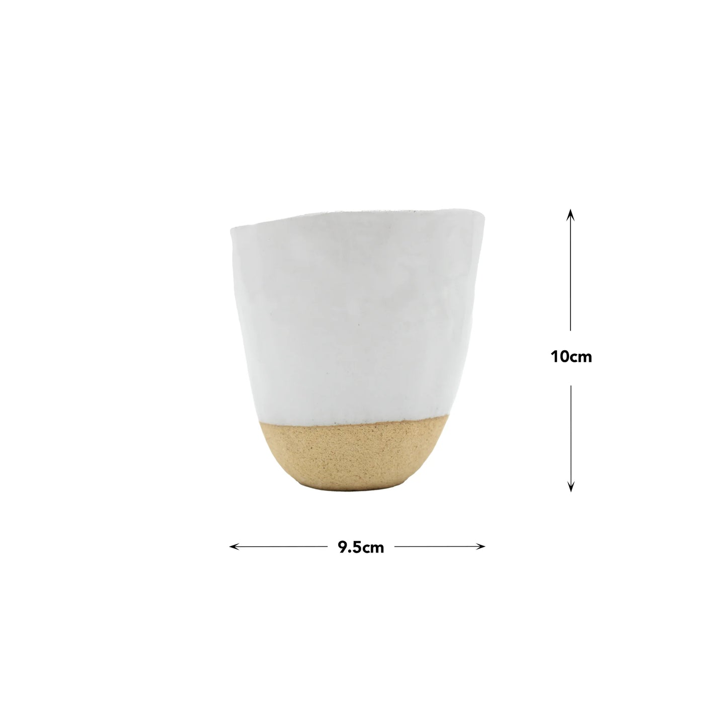 
                  
                    The Lopsided Mug - White And Bisque features a small, two-tone ceramic design with an earthenware base and white upper half (10 cm high, 9.5 cm wide), shown against a white background—exuding subtle Japanese craftsmanship.
                  
                