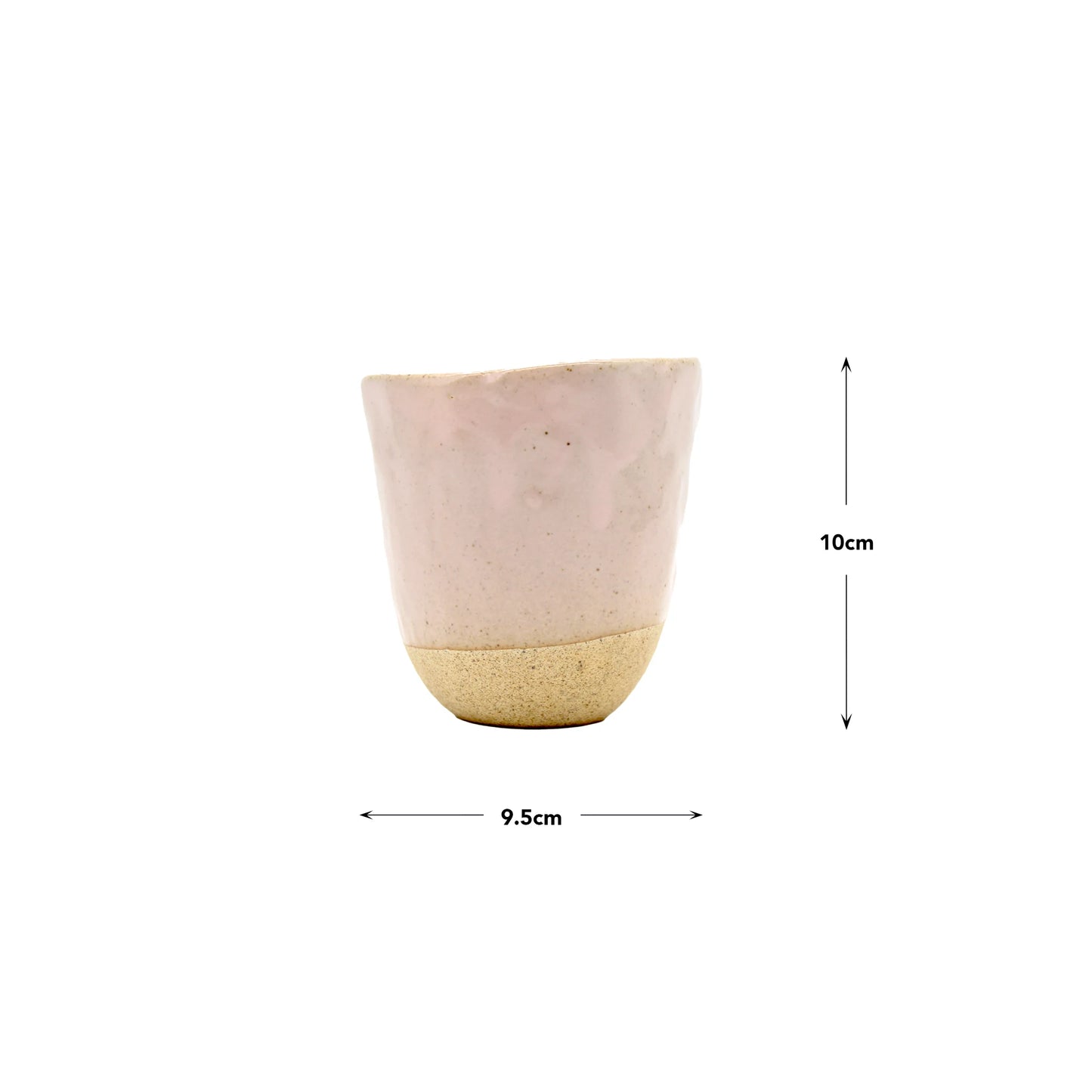 The Lopsided Mug - Pink is a beige and light pink earthenware cup with an uneven rim, measuring 10 cm tall and 9.5 cm wide, inspired by the classic ceramic style of the Marunaka family.