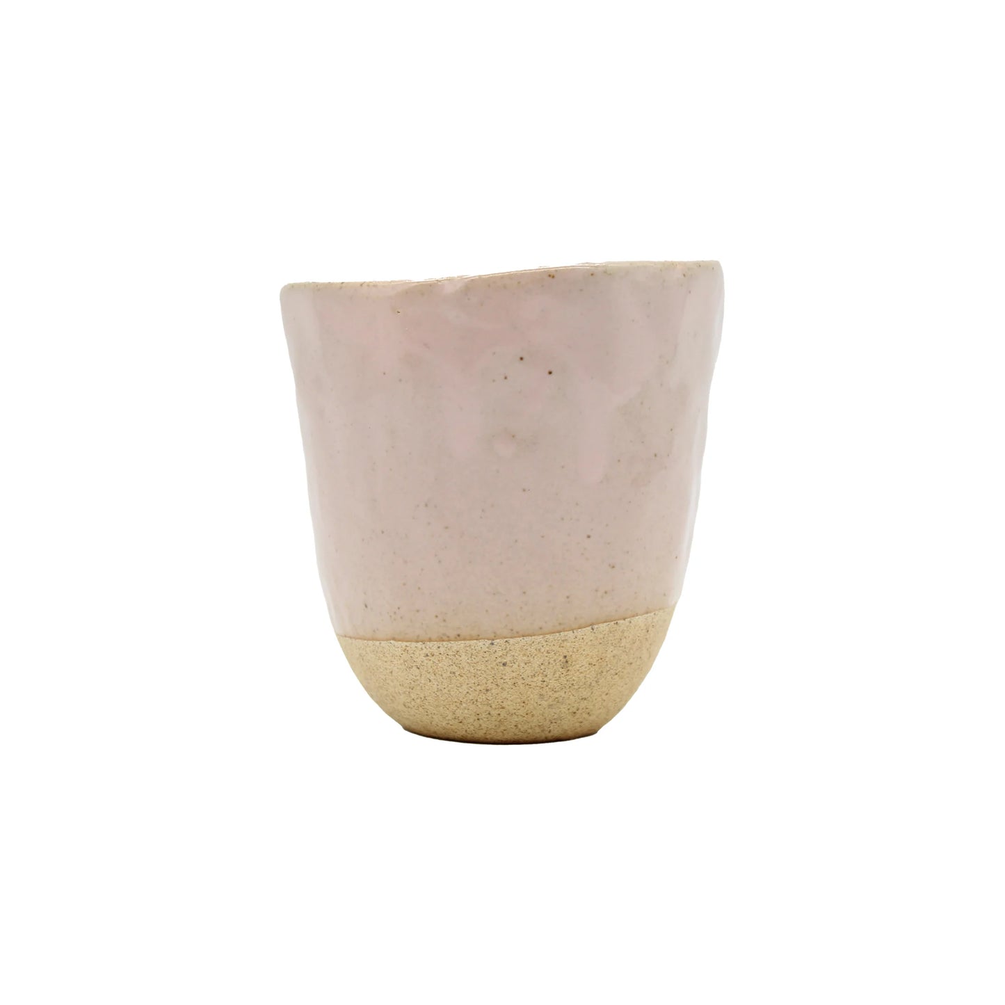 The Lopsided Mug - Pink is a handmade earthenware mug with a biscuit-colored base, an unglazed textured lower half, and a pink glazed upper half—an elegant Marunaka family creation shown on a plain white background.