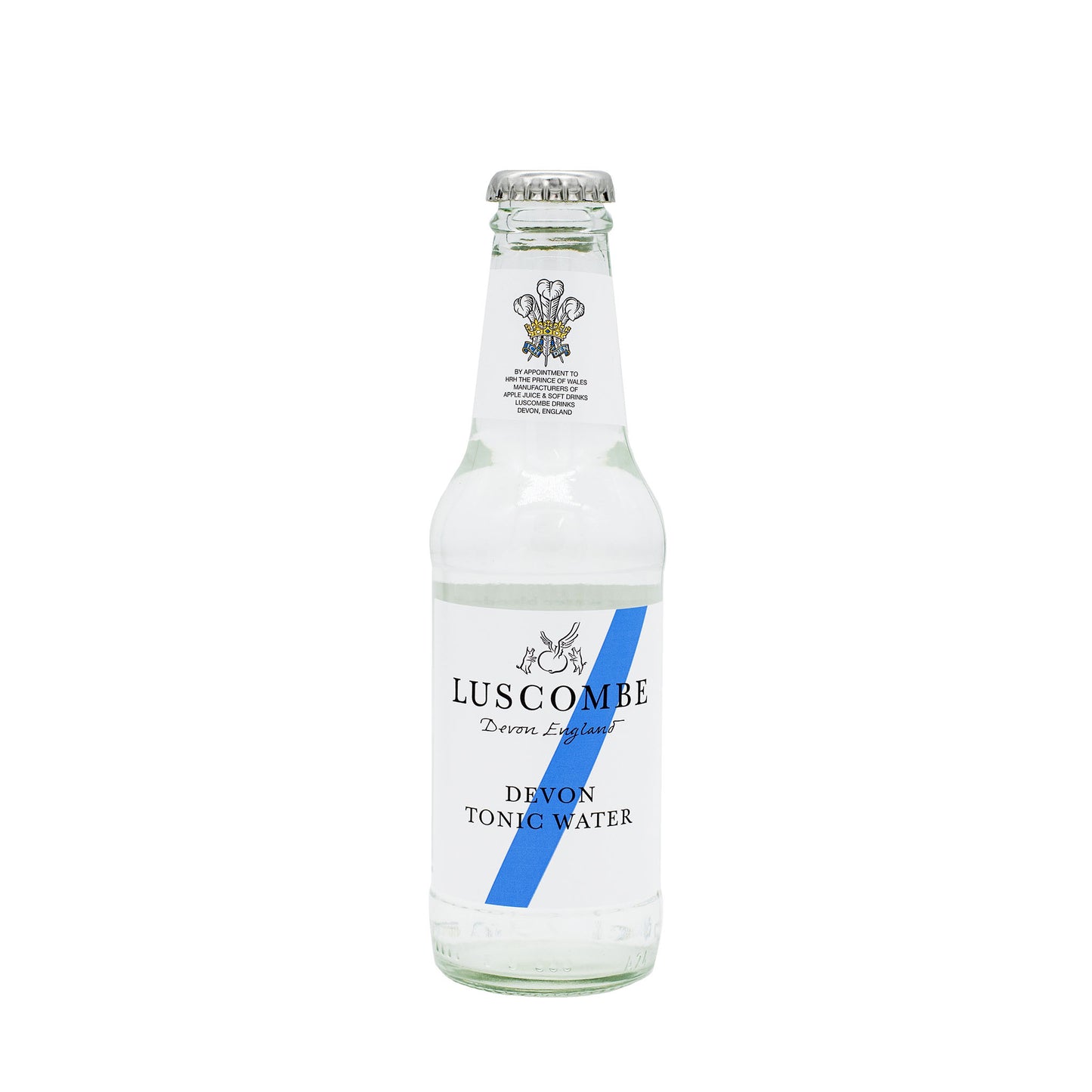 A 200ml clear glass bottle of Luscombe Devon Tonic Water with a silver cap and white label featuring blue accents, crafted with Indian quinine for a refreshing twist.