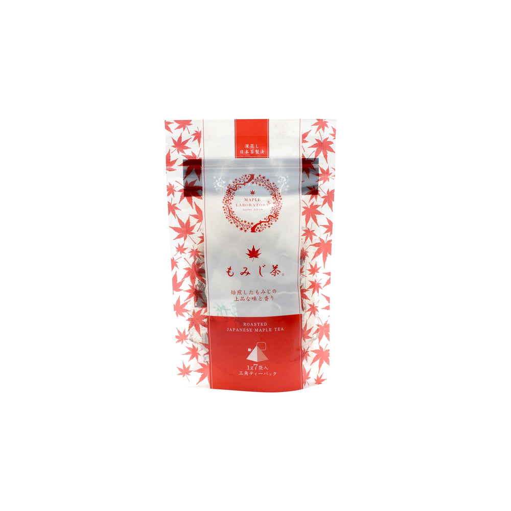 A red and white Maple Tea Pack - 7 Tea bags, featuring maple leaf patterns and Japanese text, is shown on a white background. This herbal tea is known for its antioxidant benefits.