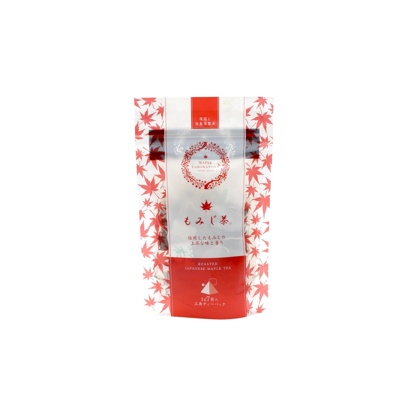 A red and white Maple Tea Pack - 7 Tea bags, featuring maple leaf patterns and Japanese text, is shown on a white background. This herbal tea is known for its antioxidant benefits.