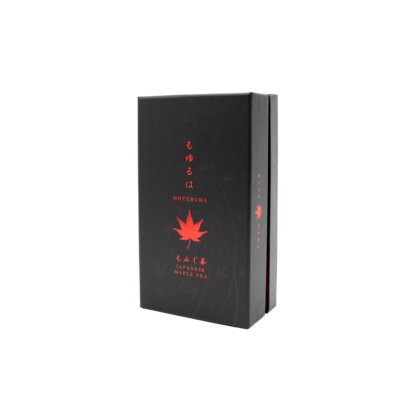 
                  
                    A black rectangular box labeled Maple Tea Set - 10 Tea Bags, 10 Maple Leaves features red Japanese text, a red maple leaf design, and contains caffeine-free tea made from dried maple leaves.
                  
                
