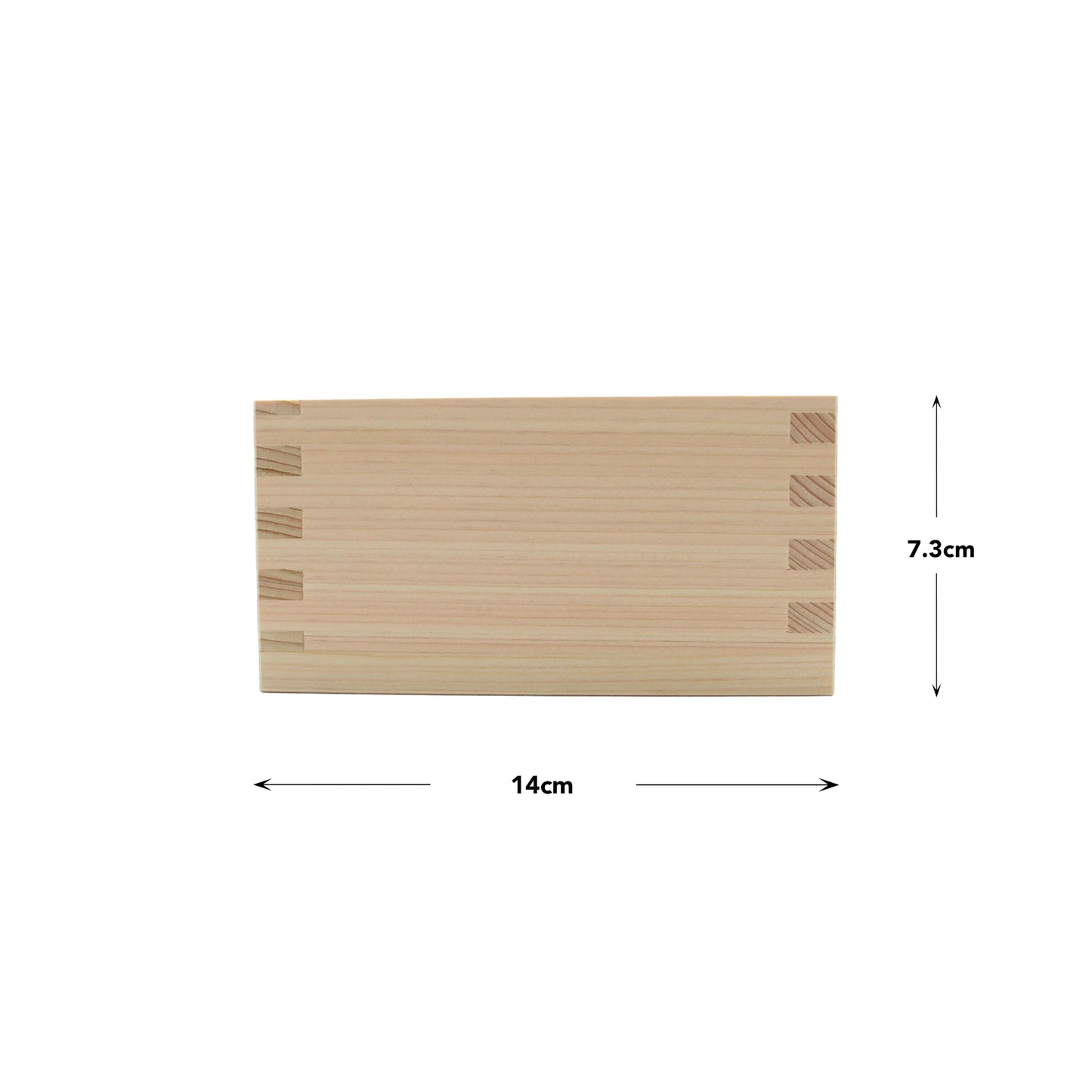 
                  
                    Sake Cup - Masu Wood rectangular Japanese cup with dovetail joints, measuring 14cm wide by 7.3cm high.
                  
                