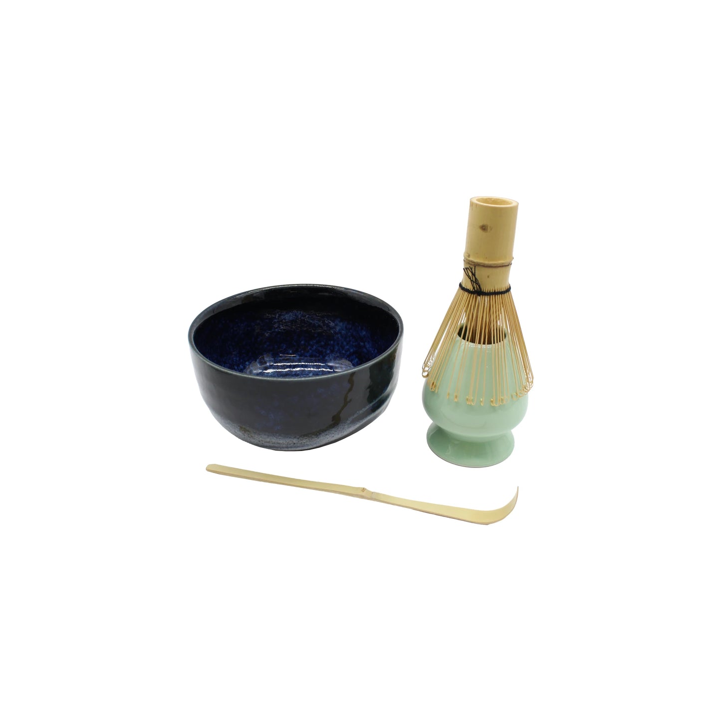 
                  
                    The Matcha Tea Set - Blue features a black ceramic bowl, bamboo whisk with holder, and bamboo tea scoop arranged on a white background for an elegant Japanese tea ritual.
                  
                